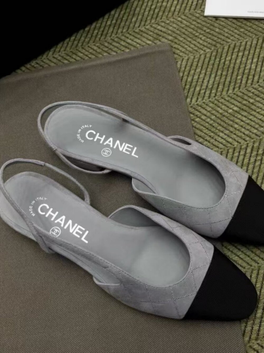 Chanel Grey Suede Two-Tone Slingback Flats